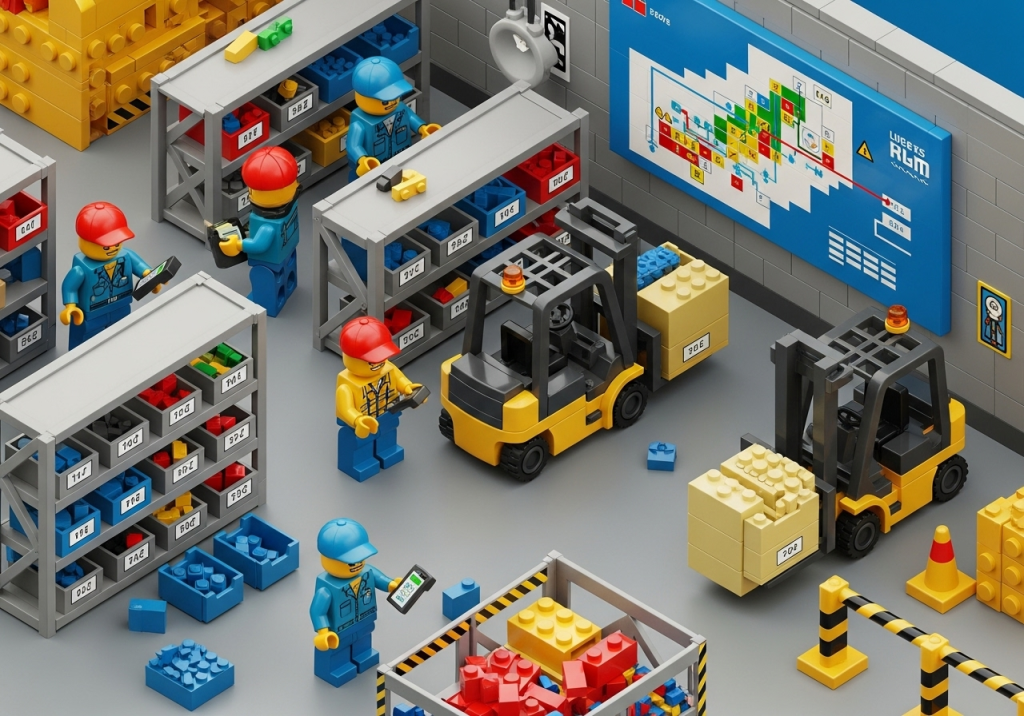 Lego warehouse team organizing surplus inventory, showing how CyberStockroom’s inventory map supports selling extra construction materials on secondary markets.