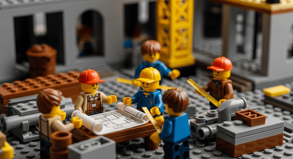 Lego construction team reviewing plans, highlighting CyberStockroom’s role in tracking surplus materials for proper disposal and recycling when reuse isn’t possible.