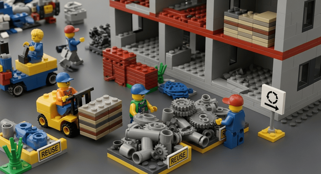 Lego construction workers sorting surplus parts for reuse, showing how CyberStockroom’s inventory map supports redistribution across projects.