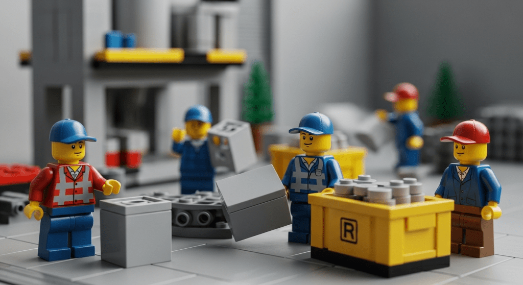 Lego construction workers preparing unused materials for vendor returns, showing how CyberStockroom’s inventory map tracks surplus for refunds or credits.