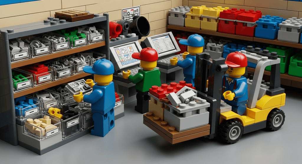 Lego workers using computers and forklifts to organize labeled bins, showing how CyberStockroom’s inventory map improves warehouse organization and inventory visibility.