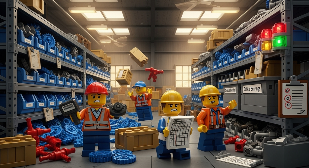 Lego-inspired warehouse with workers struggling to manage scattered spare parts and mislabeled bins, representing common MRO inventory challenges that CyberStockroom’s visual inventory map and inventory visibility help solve.