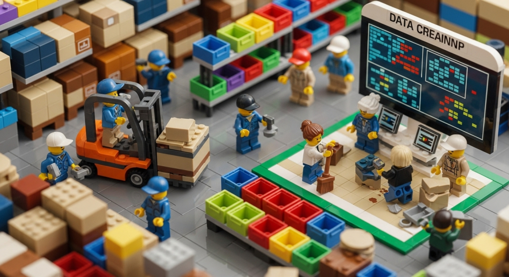 Lego-inspired warehouse with workers organizing bins, boxes, and reviewing digital dashboards, illustrating how CyberStockroom’s visual inventory map helps catalog items, clean up data, and maintain accurate inventory visibility