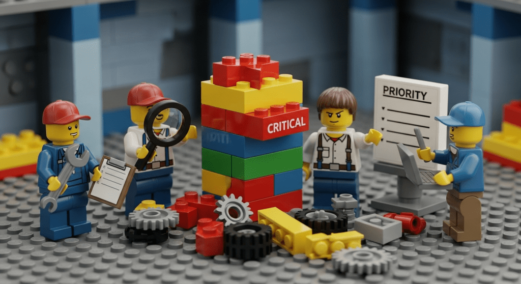 Lego-inspired scene of workers analyzing gears and labeled blocks marked ‘critical,’ symbolizing how CyberStockroom’s visual inventory map, inventory tracking, and inventory visibility help manufacturers identify essential spare parts and set maintenance priorities.