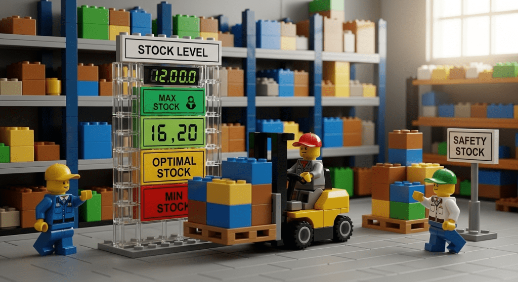 Lego-style warehouse workers and forklift reviewing stock level indicators, showing how CyberStockroom’s inventory tracking supports min-max and safety stock management.