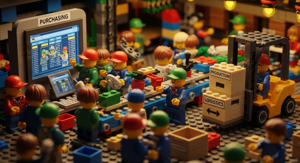 Lego-inspired factory with departments for purchasing, production, and logistics coordinating tasks, illustrating how CyberStockroom’s visual inventory map and inventory tracking foster collaboration across teams.