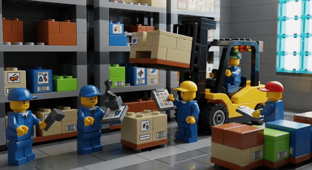 ego-inspired warehouse with workers using handheld devices, forklifts, and labeled pallets, illustrating how CyberStockroom’s visual inventory map and digital tools improve inventory control, streamline operations, and enhance real-time visibility.