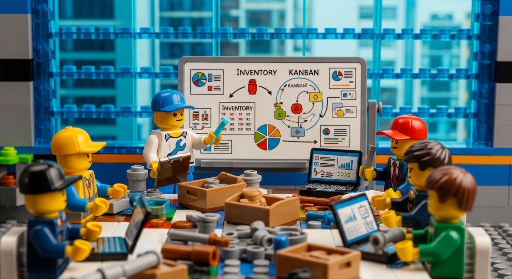 Lego-inspired team presentation with laptops, charts, and Kanban workflow on a whiteboard, illustrating how CyberStockroom’s visual inventory map improves inventory visibility, optimizes spare parts management, and transforms maintenance planning into a clear uptime advantage