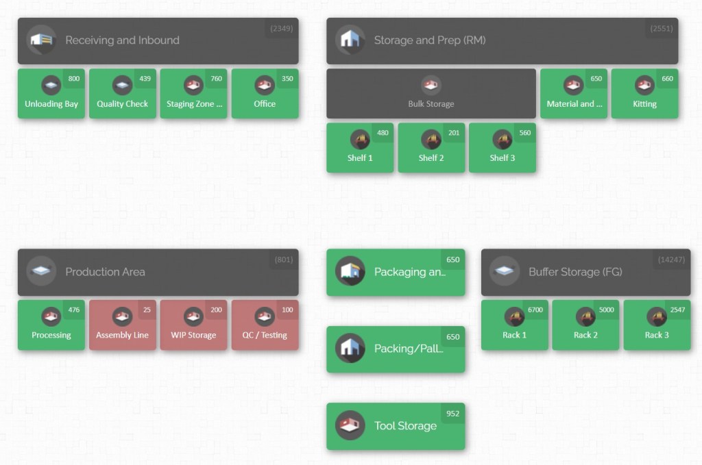 CyberStockroom Inventory Map showing warehouse zones, production areas, and storage bins, providing clear visual inventory mapping for better visibility and control.