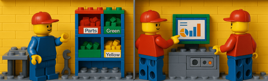 LEGO workers organizing color-coded parts and reviewing charts on a screen, illustrating real-time inventory tracking enabled by CyberStockroom’s Inventory Map and Inventory Visibility.
