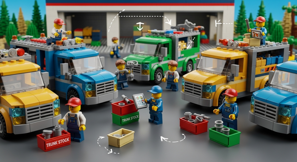 Lego construction scene showing trucks and workers managing trunk stock items with arrows highlighting the flow of tools, materials, and field service inventory.