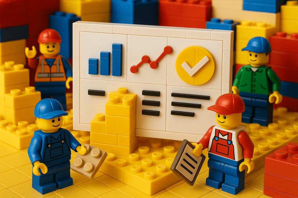 Lego-style construction team standing beside a KPI dashboard made of bricks with bar and line charts, representing how CyberStockroom’s visual inventory map helps teams apply SMART principles to select measurable, relevant, and timely KPIs for construction inventory management.