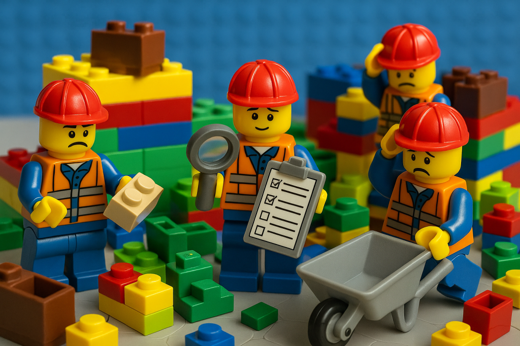 Lego-style construction workers reviewing a checklist and materials, symbolizing how CyberStockroom’s visual inventory map and tracking system help teams collect accurate data, analyze results, and act on insights for meaningful KPI performance in construction inventory management.