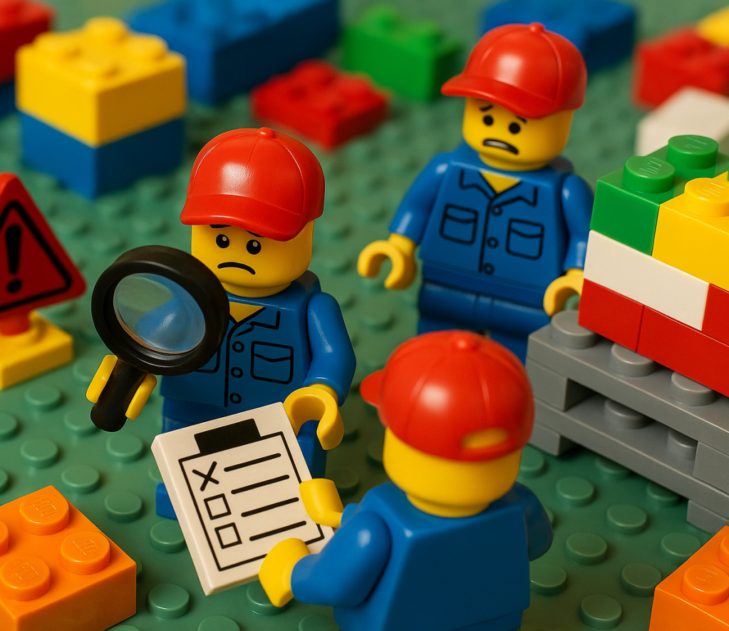 Lego-style construction workers inspecting a checklist with a magnifying glass, representing the challenge of managing variable material demand across project phases—and how CyberStockroom’s visual inventory map helps teams maintain visibility and control during changing supply needs.