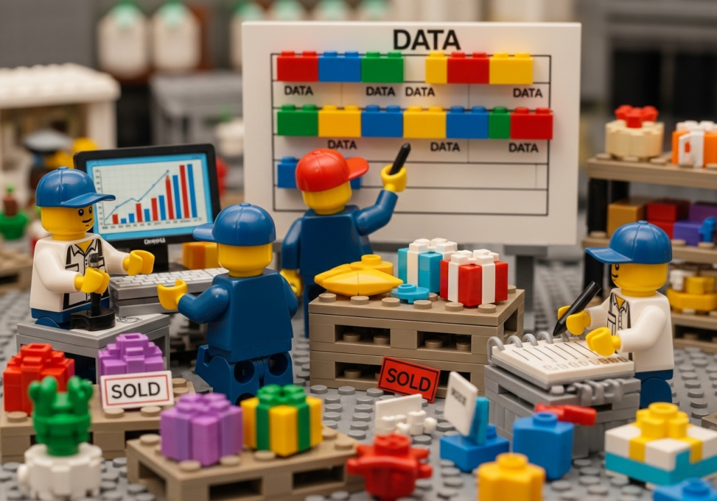 LEGO-inspired scene of workers analyzing data charts and reviewing reports, representing how CyberStockroom’s visual inventory system supports post-season analysis, performance tracking, and continuous improvement in seasonal inventory management