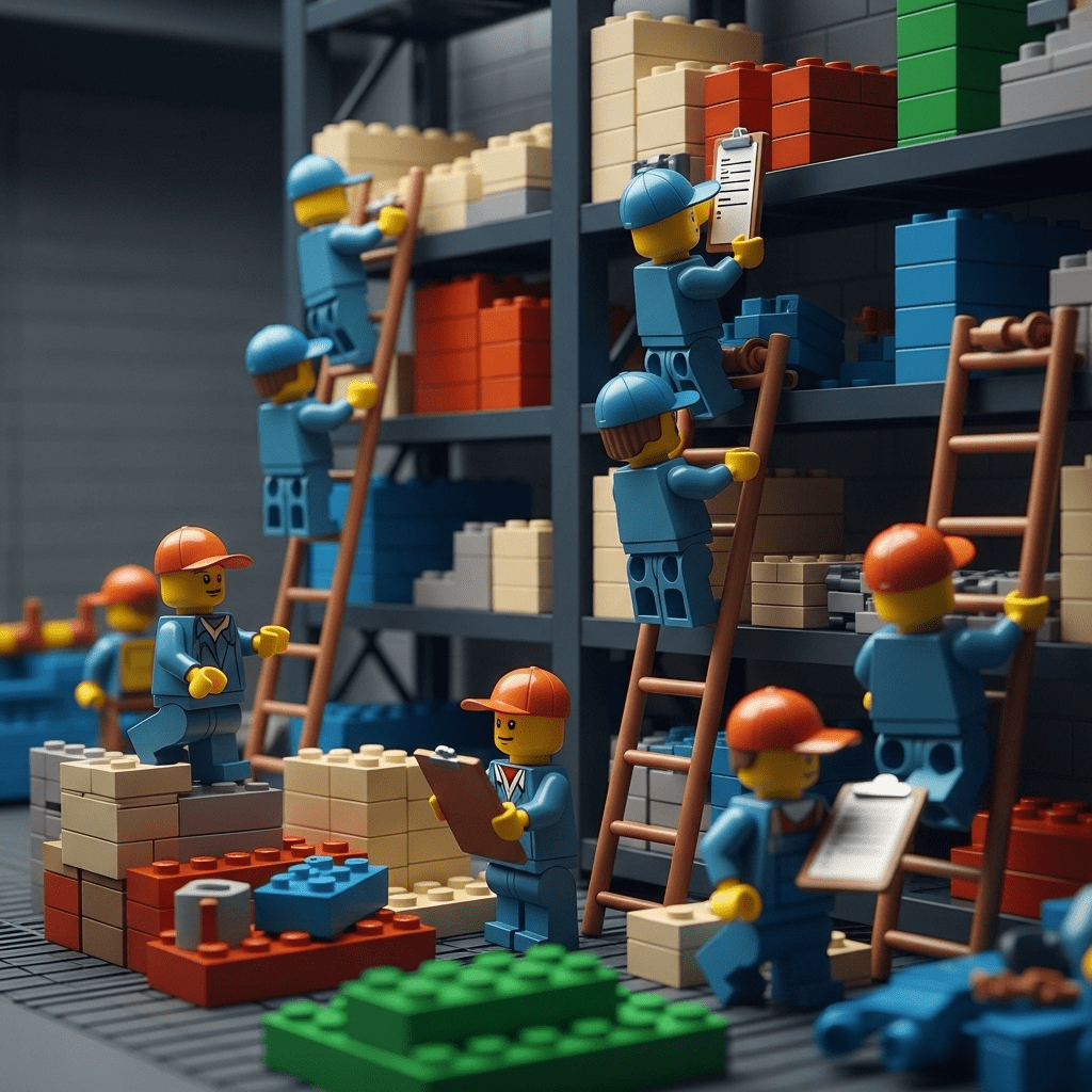 "LEGO-inspired warehouse scene showing workers on ladders conducting partial inventory checks with clipboards, representing how CyberStockroom enables continuous cycle counting—auditing different areas or material categories on a rotating basis to keep inventory records consistently accurate.