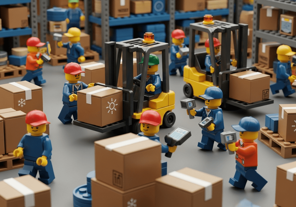 LEGO-inspired warehouse team managing forklifts, scanning inventory, and coordinating workflows, illustrating how CyberStockroom’s visual inventory map enhances operational flexibility, workforce coordination, and process efficiency during peak demand periods.