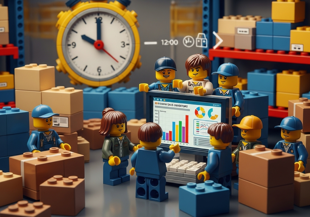 LEGO-inspired warehouse team reviewing demand charts in front of packed shelves and a large clock, symbolizing how CyberStockroom’s map-based inventory system enables early forecasting, accurate seasonal planning, and real-time visibility of inventory levels.