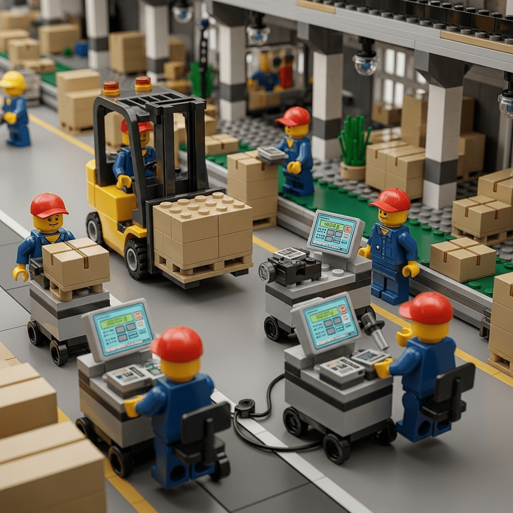 LEGO-inspired warehouse scene with forklifts, mobile carts, and workers using scanning stations, illustrating how CyberStockroom’s visual inventory map improves visibility, optimizes material handling routes, and reduces travel time between work areas.