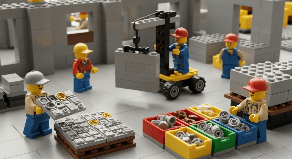 LEGO-inspired construction site with workers sorting materials and assembling prefabricated wall sections, demonstrating how CyberStockroom’s map-based inventory system enhances visibility, streamlines kitting and pre-assembly, and minimizes costly downtime in fast-paced construction projects.