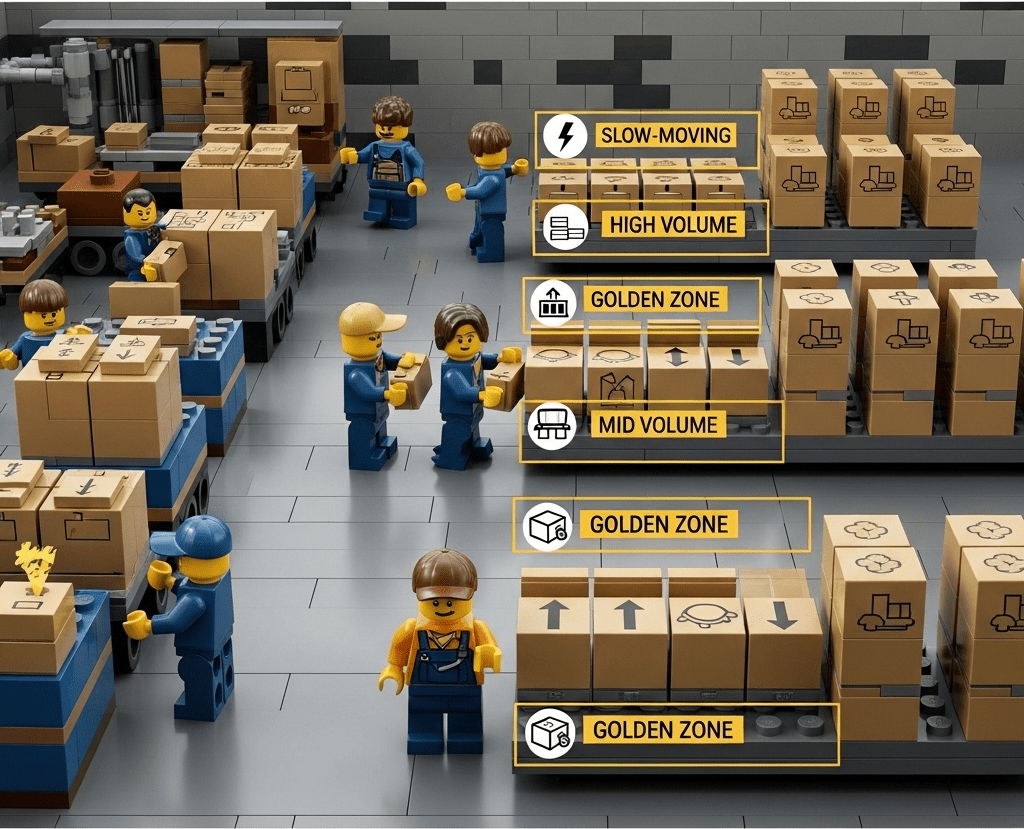 LEGO-inspired warehouse layout with workers and labeled golden zones for high, mid, and slow-moving items, demonstrating how CyberStockroom’s visual inventory map enhances visibility, identifies fast-moving stock areas, and supports smarter warehouse zoning for efficient operations.
