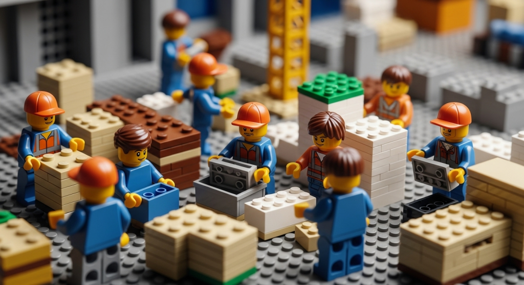 LEGO-inspired construction site showing workers assembling organized material kits for different project phases, demonstrating how CyberStockroom’s map-based inventory visibility enables better planning, efficient kitting, and smoother operations on construction projects.