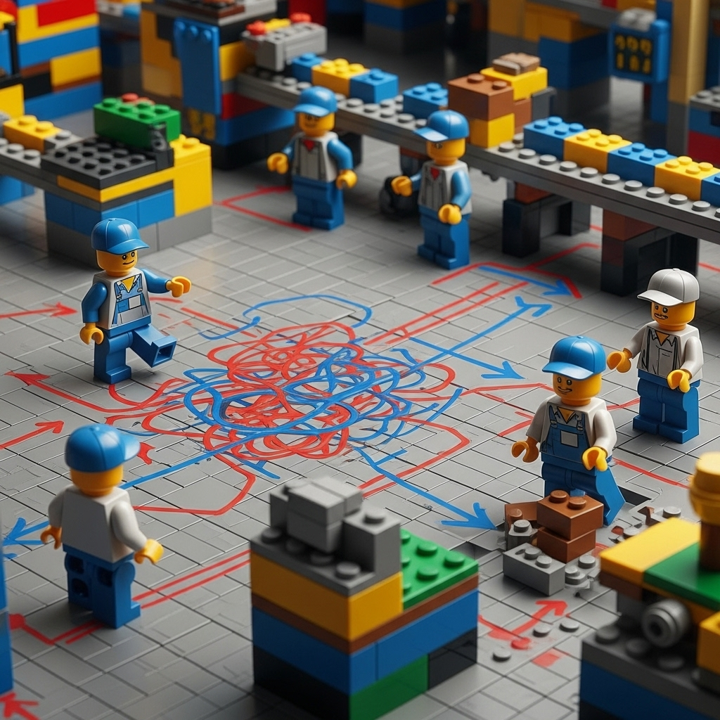 LEGO-inspired warehouse floor with workers and arrows showing complex material flow, symbolizing how CyberStockroom’s visual inventory mapping identifies storage issues, bottlenecks, and long travel paths to improve visibility and efficiency.