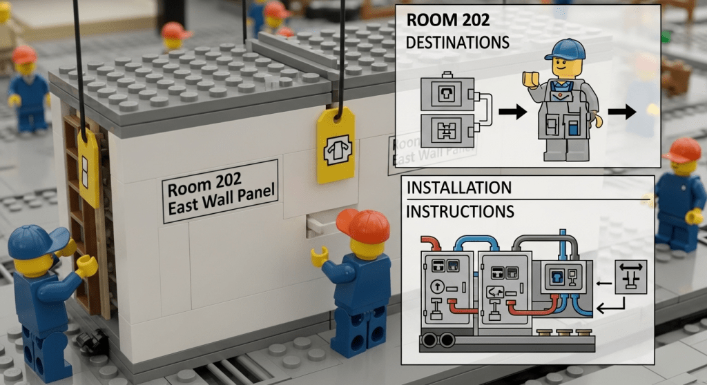 LEGO-inspired construction site showing workers assembling organized material kits for different project phases, demonstrating how CyberStockroom’s map-based inventory visibility enables better planning, efficient kitting, and smoother operations on construction projects.