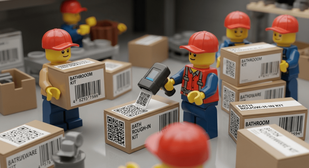 LEGO-inspired construction site featuring workers labeling and scanning boxes of kitted materials, illustrating how CyberStockroom’s map-based inventory management system enhances visibility, traceability, and accuracy compared to paper logs or spreadsheets.