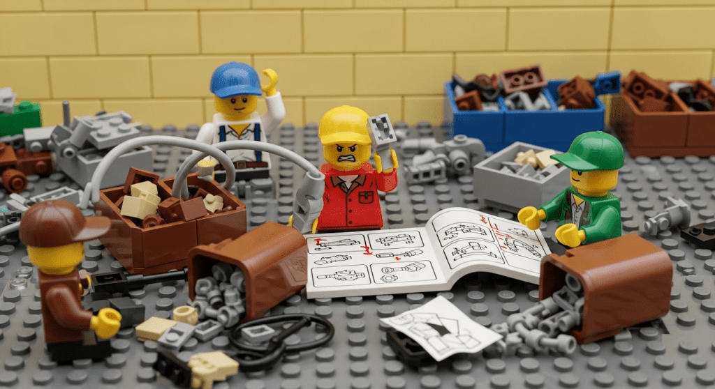 LEGO-inspired construction scene with workers sorting disorganized parts and reviewing instructions, representing how CyberStockroom’s map-based inventory system provides flexibility to handle change orders, repack kits, and move materials between zones efficiently.