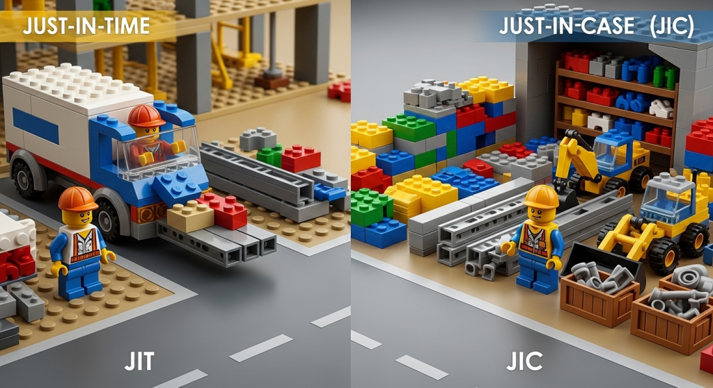 Side-by-side Lego construction setup comparing Just-in-Time (JIT) delivery with limited stock arriving as needed and Just-in-Case (JIC) strategy with large volumes stored on site. Demonstrates how CyberStockroom’s inventory map helps construction teams balance efficiency and risk with clear visibility into materials.