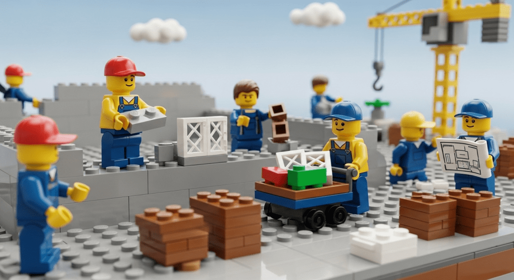 Lego-style construction site with workers handling parts and reviewing plans, illustrating how CyberStockroom’s inventory visibility supports just-in-time lean inventory in construction.