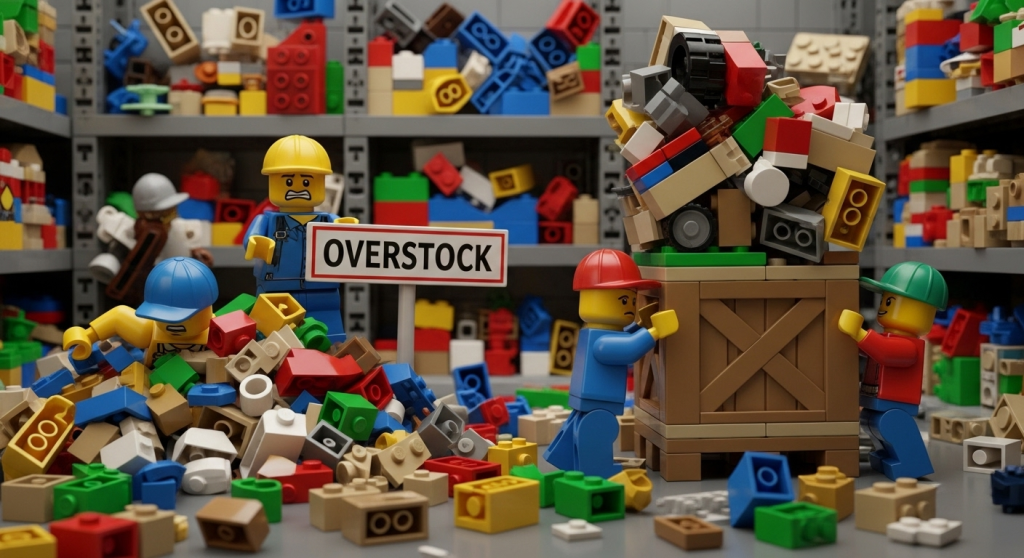 Lego-inspired storeroom stacked with overflowing bins and an overstock sign, symbolizing the risks of just-in-case inventory when unmanaged, and showing how CyberStockroom’s visual inventory map strengthens inventory control, reduces waste, and balances safety stock with efficiency.