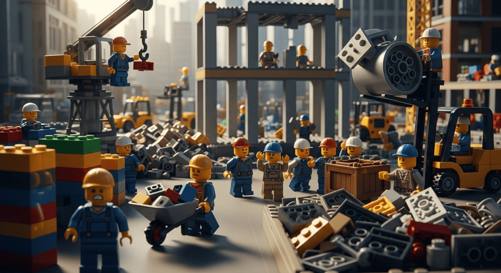 Lego construction workers managing scattered building materials and equipment across a busy site, symbolizing the real-world challenges of tracking tools and supplies that CyberStockroom helps solve through visual inventory mapping.