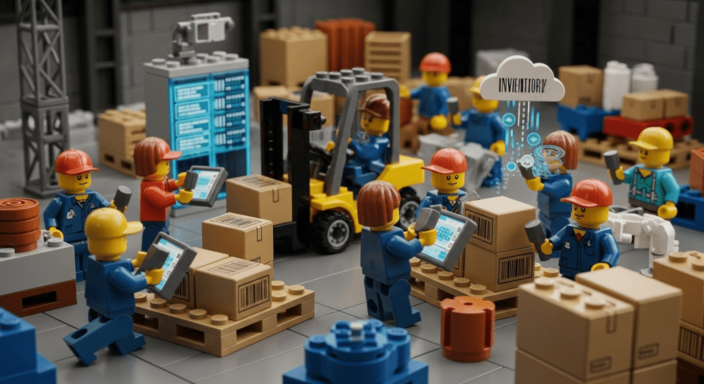 Lego warehouse workers using tablets, scanners, and cloud-based software to organize boxes and track items, illustrating CyberStockroom’s role in streamlining inventory visibility and control through SaaS technology.