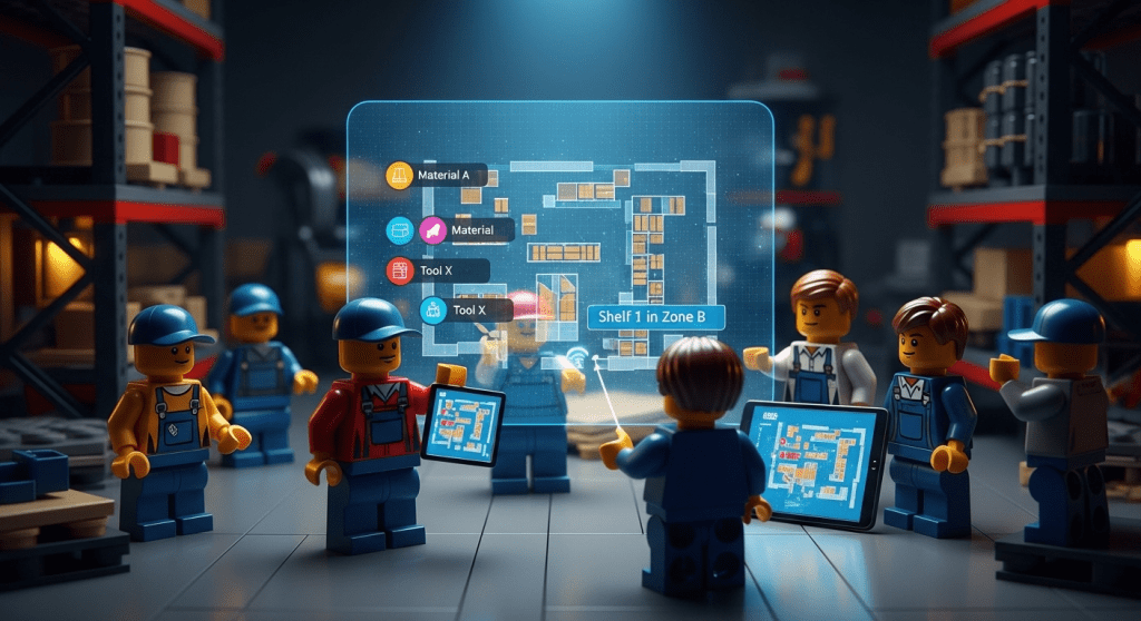 Lego-style warehouse scene with workers using a digital floor plan to locate materials and tools, representing how CyberStockroom’s visual inventory mapping software provides real-time visibility of item locations across warehouses, plants, and facilities.