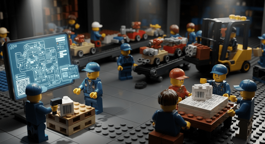 Lego-style manufacturing scene showing workers scanning barcodes and reviewing a digital floor plan, representing how CyberStockroom’s map-based inventory system strengthens traceability, compliance, and real-time accountability across production workflows.