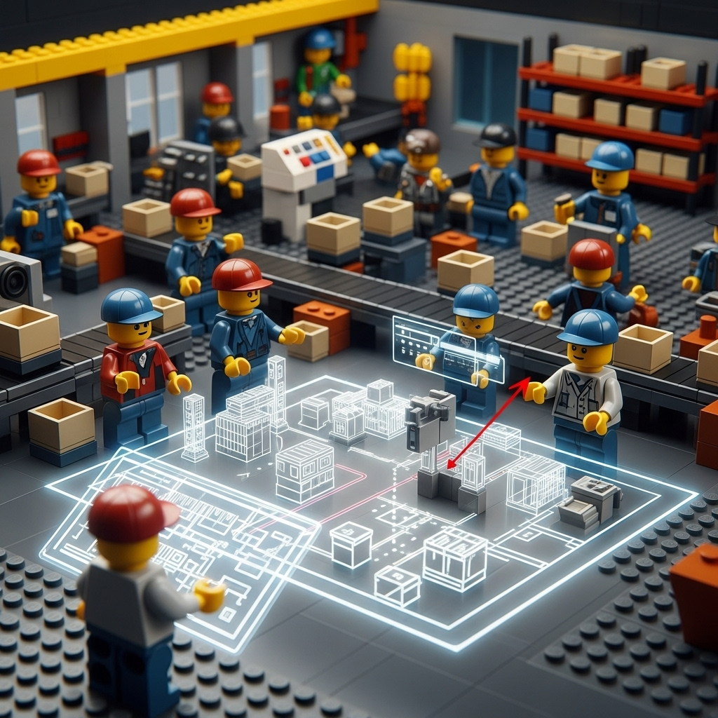 EGO-inspired warehouse team studying a holographic digital layout of their facility, illustrating how CyberStockroom’s visual inventory map functions as a digital twin by providing real-time visibility of equipment, materials, and workflows across production areas.