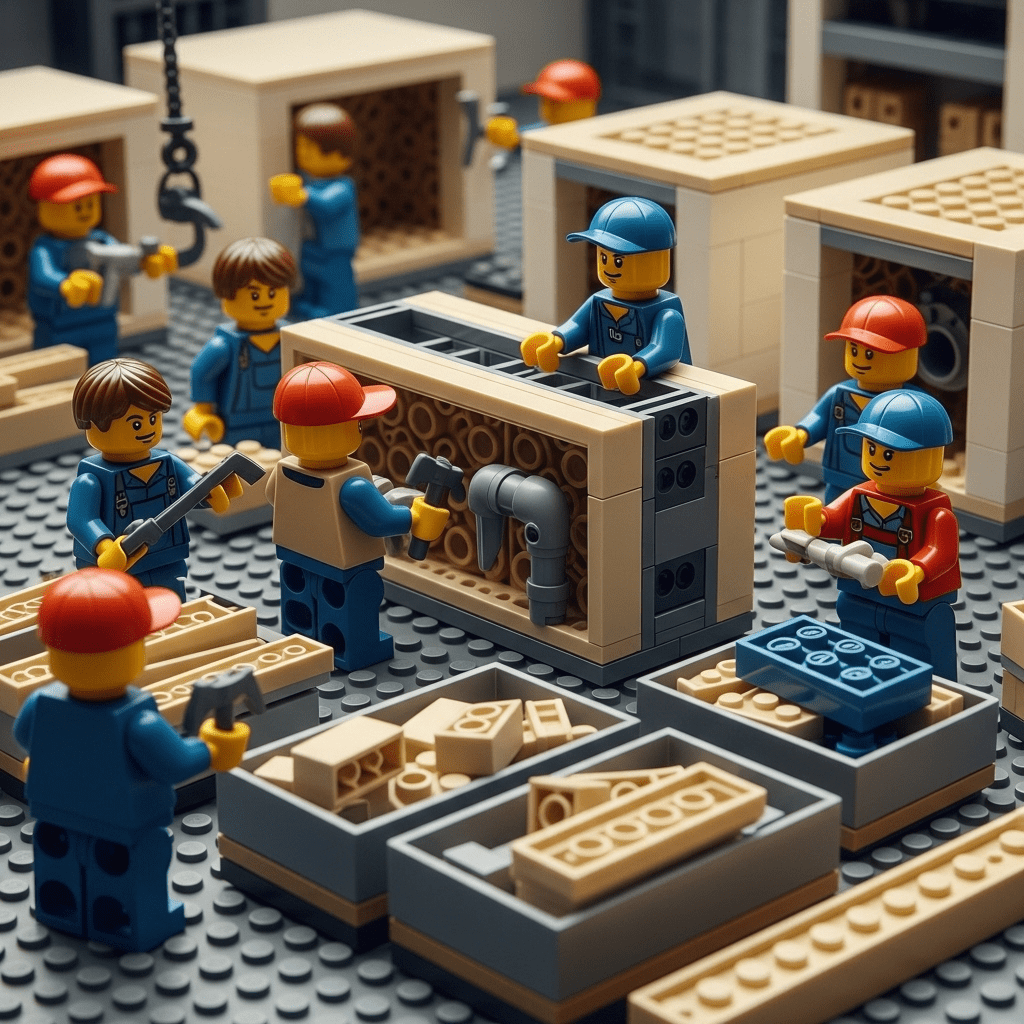 LEGO-inspired construction scene depicting workers performing pre-assembly with organized materials and modular components, demonstrating how CyberStockroom’s map-based inventory system enhances visibility, tracking, and coordination for off-site prefabrication projects.