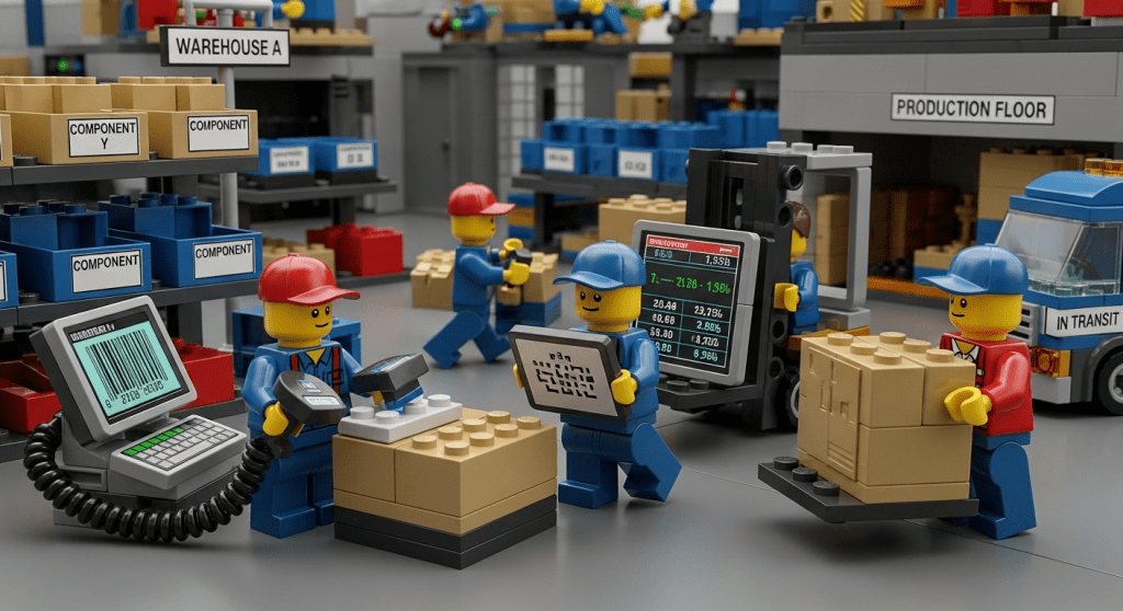 LEGO warehouse team scanning barcodes and reviewing data to show how CyberStockroom’s inventory map centralizes demand and stock visibility.