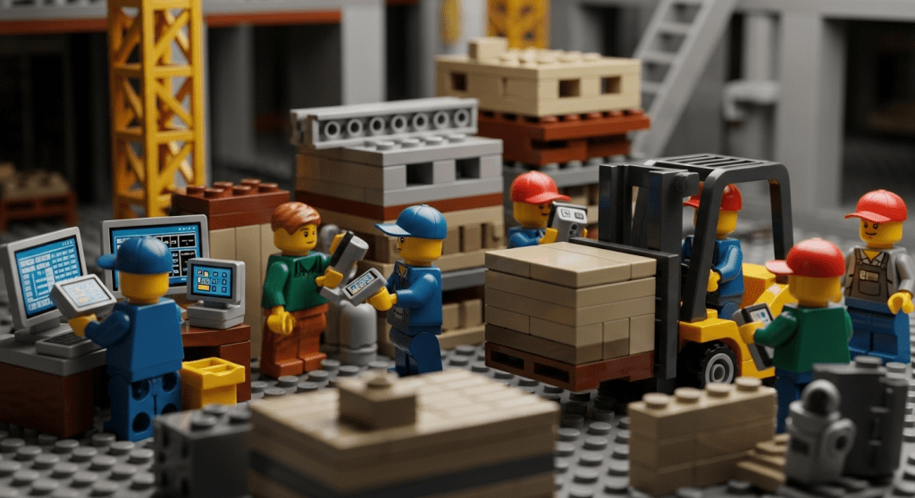 LEGO-inspired construction site with workers using tablets, computers, and forklifts to track materials in real time, illustrating how CyberStockroom’s visual inventory map gives construction teams instant visibility of stock levels, locations, and usage against budgets to prevent material cost overruns.