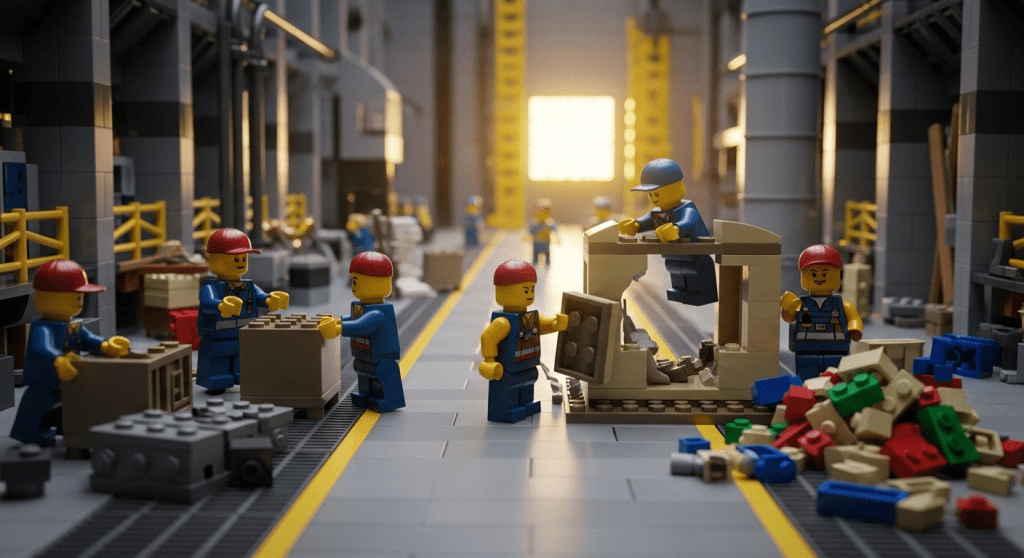 LEGO-inspired warehouse scene showing workers sorting materials and minimizing waste, representing how CyberStockroom enables construction teams to cut costs by tracking materials efficiently, reducing over-ordering, and preventing rework through accurate, real-time inventory management.