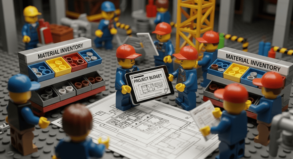 LEGO-inspired construction scene with team members reviewing a digital 'Project Budget' tablet and organized material inventory shelves, representing how CyberStockroom’s real-time tracking tools let project managers compare budgeted versus actual material costs throughout a construction project.