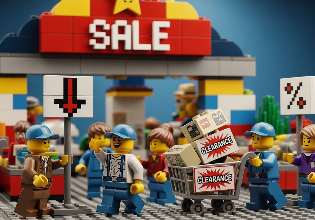 LEGO-inspired scene showing workers managing clearance stock and end-of-season sales, representing how CyberStockroom’s visual inventory map supports post-peak inventory planning, minimizing leftover stock, and preparing for the next seasonal cycle.