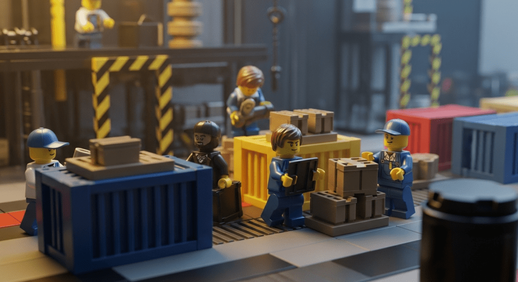 LEGO-inspired construction site showing workers managing secure storage containers and monitoring materials, representing how CyberStockroom enhances security by tracking inventory across tool cribs, containers, and yards—reducing theft, loss, and misplaced materials.