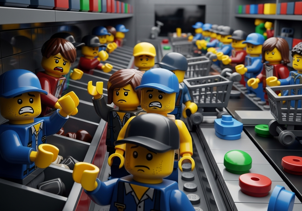 LEGO-inspired factory scene with overwhelmed workers and empty shelves, representing the challenges of seasonal inventory fluctuations and how CyberStockroom’s visual inventory map improves visibility, planning, and demand management to avoid shortages.
