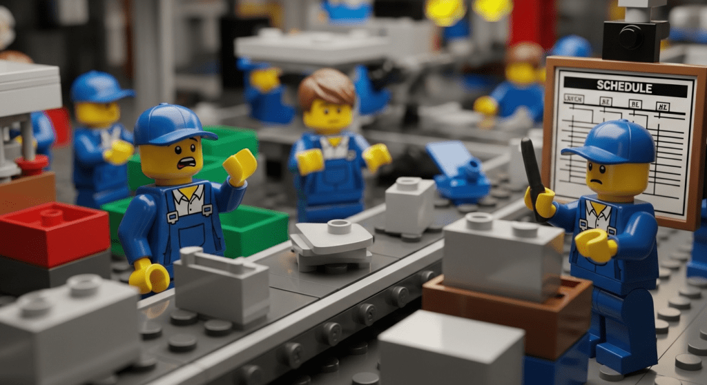 LEGO factory workers reacting to a halted production line, showing how CyberStockroom’s inventory map prevents downtime through better planning visibility.