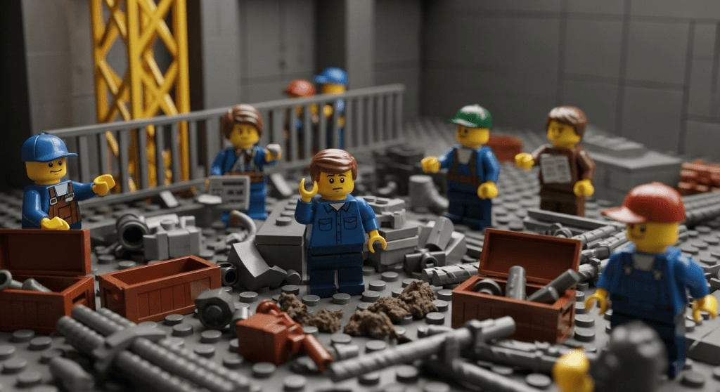 LEGO-inspired construction site scene with workers amid scattered materials, symbolizing how CyberStockroom’s visual inventory map improves tracking, prevents material waste, and enhances cost control in construction projects.