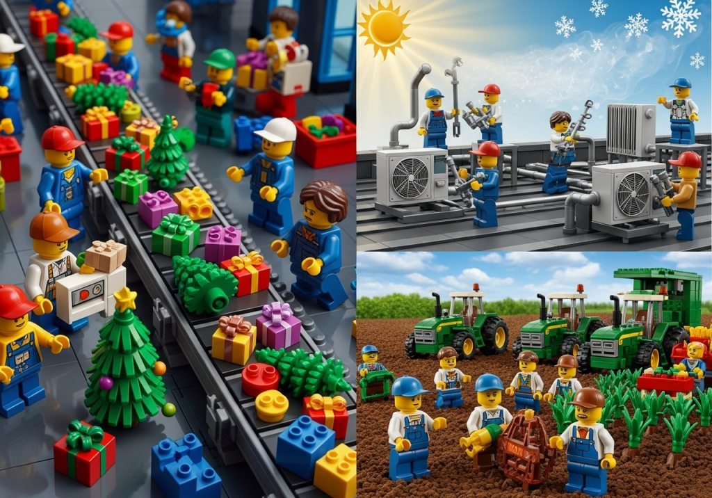 LEGO-inspired collage depicting seasonal inventory variations across different industries—holiday production lines, HVAC maintenance, and agriculture—highlighting how CyberStockroom’s visual inventory map enhances visibility, forecasting, and planning for seasonal demand cycles.