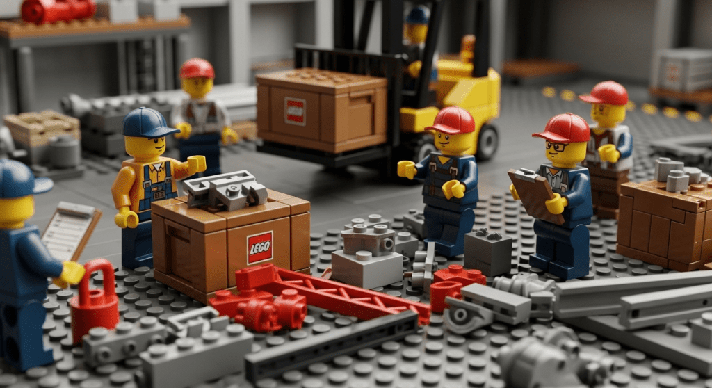 LEGO-inspired construction site scene with workers reviewing checklists, forklifts, and material crates, representing how CyberStockroom’s visual inventory map helps manage construction inventory budgeting, track material usage, and maintain cost efficiency throughout a project lifecycle.